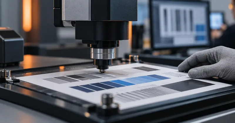 A quality bench with a printed sheet clamped flat under a measurement head, an instrument beside it, and a gloved hand steadying the sheet