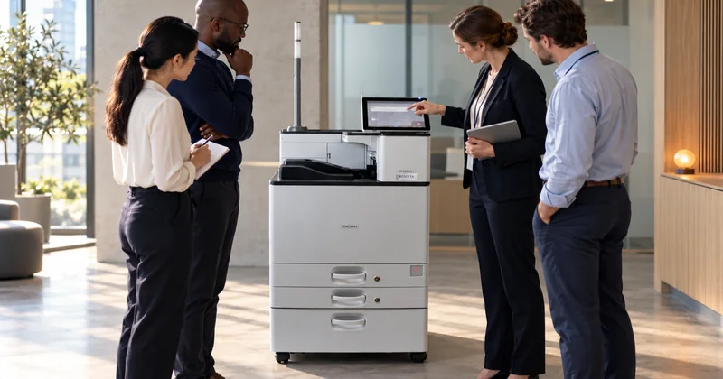 Four colleagues standing around a floor-standing MICR printer in a bright office, one pointing to the control panel while the others review printed output