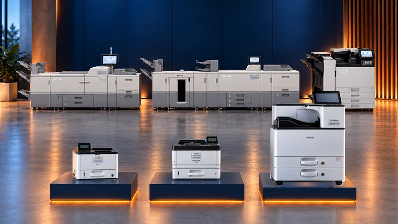 The Rosetta Technologies MICR printer line on low plinths: the P 311M, P 501M and SP 8400DNM in front, and the Pro C7500PM, Pro 8420M and IP C8500M behind