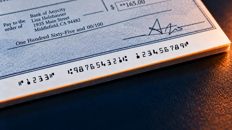 Close-up of the lower half of a printed check, its E-13B MICR line lit by a thin line of ember light