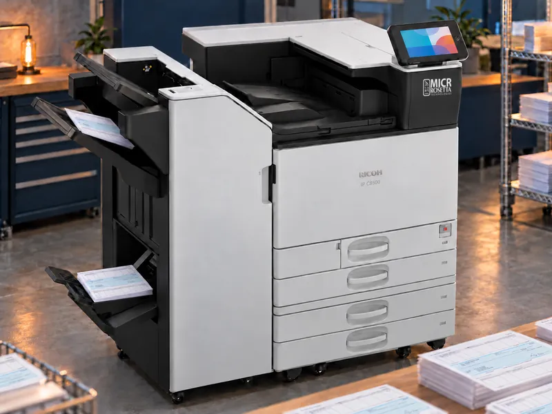 The IP C8500M at work in a service bureau print room, printed checks in its finisher tray and stacks of check stock nearby