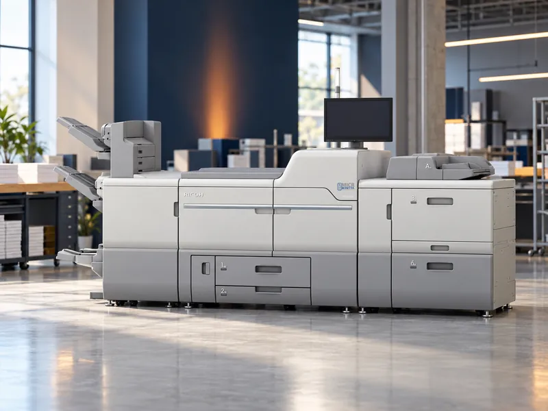 The Pro C7500PM five-color MICR printer on a production floor, full length in view