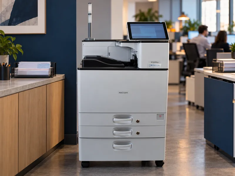 The SP 8400DNM workgroup MICR printer in a busy finance office